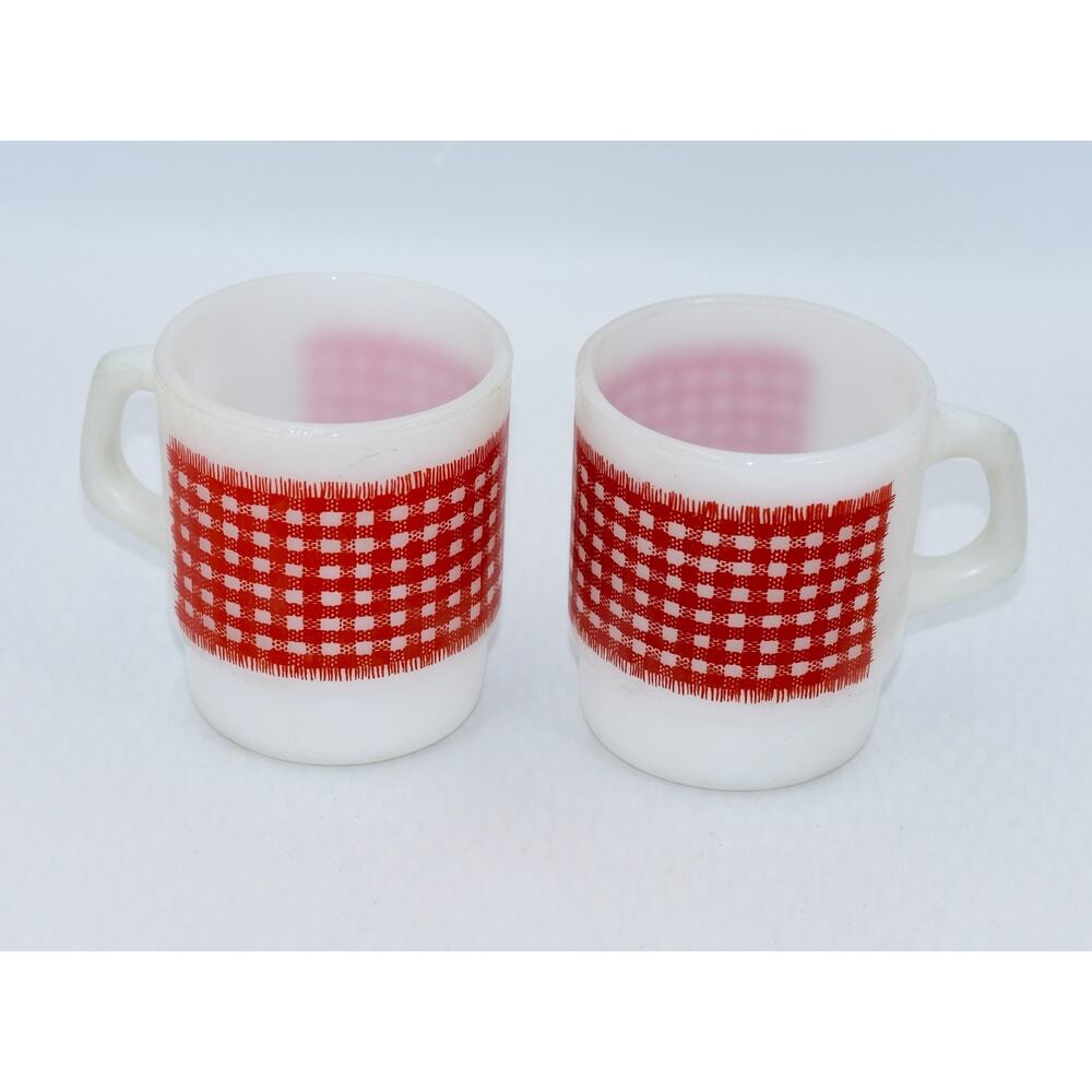 Vintage 2 Anchor Hocking Fire King Gingham Plaid Stackable Mugs Cups Milk Glass